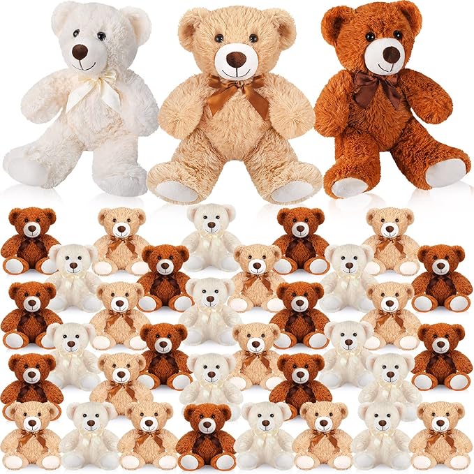 HyDren 36 Pcs 14 Inches Stuffed Bears Animals Plush Toys Bulk Soft Cute Small Shaggy Bear for Baby Shower Birthday Gifts Wedding Party Favor Decoration(Light Brown, Dark Brown, White)