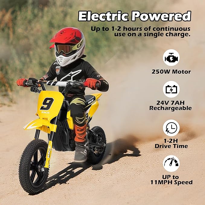 24V Electric Dirt Bike for Kids, 250W Electric Motorcycle Up to 11 MPH & 10 Miles Long-Range, Twist-Grip Throttle, 12" Knobby Tires, Spring Suspension, Music, Yellow (with Cover)
