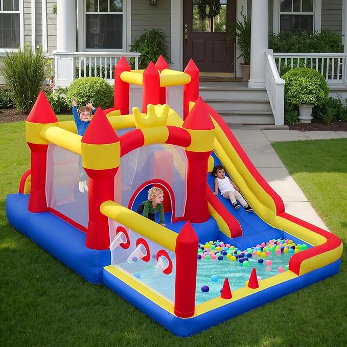 Liaakrr Bounce House, 8-in-1 Bounce House for Kids, Bouncy House with Slide, Climbing Wall, Ball Pit, Obstacles, Trampoline & Basketball Hoop – Includes Blower for Indoor & Outdoor
