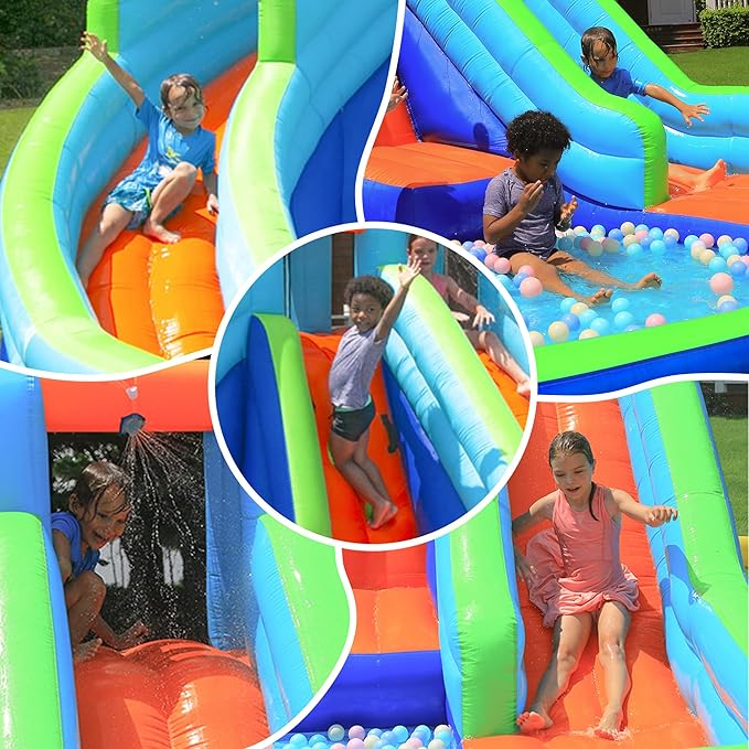 Waterslide Bounce House,Kids Water Park with Ball Pit for Wet and Dry,Inflatable Bouncy Castle with Blower for Summer Party