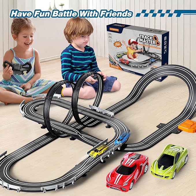 Slot Car Race Track Sets for Boys Kids,Battery or Electric Race Car Track with 4 High-Speed Slot Cars and 2 Hand Controllers,Dual Racing Game Lap Counter Circular Overpass Track Toys Age 6 7 8-12