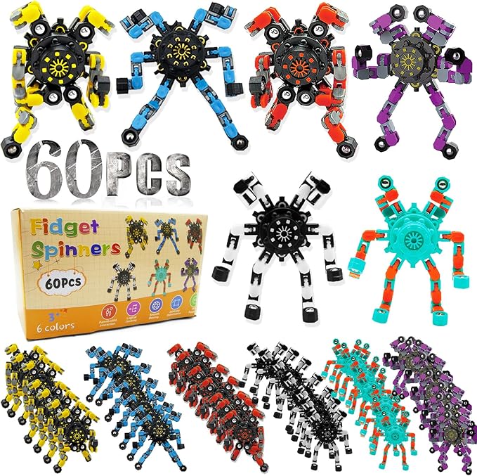 60PC Transformable Fidget Spinner for Kids,Deformable Chain DIY Robot Spinner Sensory Toy, Stress Relief Fingertip Gyros Fidget Toys Birthday Party Favors for Kids Gifts