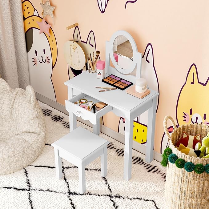 HLR Kids Vanity, Girls Vanity Set with Mirror and Stool, Wooden 2 in 1 Princess Makeup Desk Dressing Table with Detachable Top, Toddler Vanity Dresser Set with Drawer for Little Girls, White