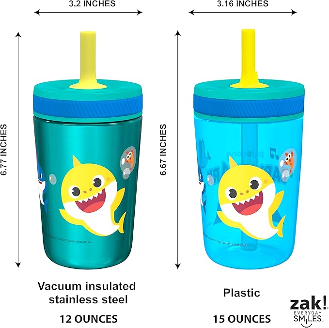 Zak Designs Baby Shark Kelso Tumbler Set, Leak-Proof Screw-On Lid with Straw, Bundle for Kids Includes Plastic and Stainless Steel Cups with Bonus Sipper (3pc Set, Non-BPA)
