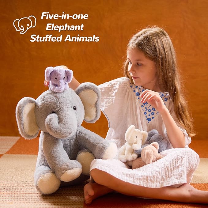 5 Pieces Elephant Stuffed Animals for Girls, 1 Mommy Elephant with 4 Babies Soft Plush Set Toys Gifts for Kids Children 3 4 5 6 7 8 9 Years, Christmas, Birthday, Children's Day