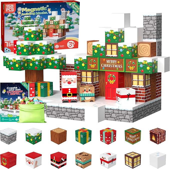 Magnetic Blocks, 150PCS Magnetic Building Block Cubes, STEM Montessori Sensory Toys for Kids Boys Girls Ages 3 4 5 6 7 8 9 10 (Christmas Version)