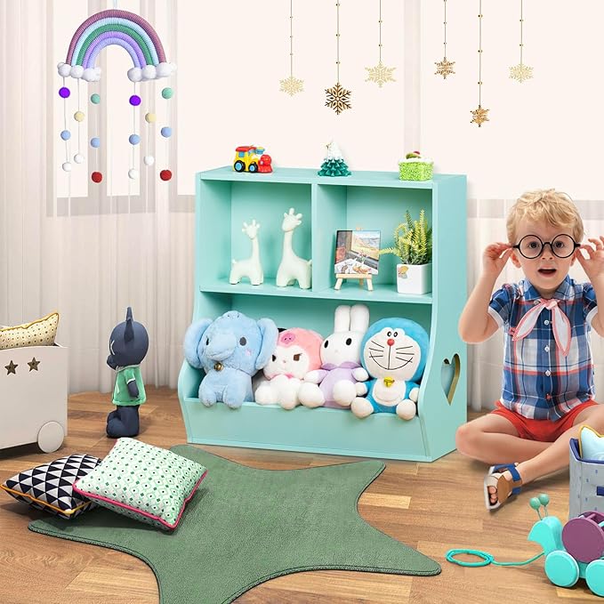 Lerliuo Baby Toddler Bookshelf and Storage Organizer, Kids Cabinet and Bookcase, Wooden 3 Cubby Children Book Shelf for Playroom, Bedroom, Nursery, School 23.62'' H (Green)