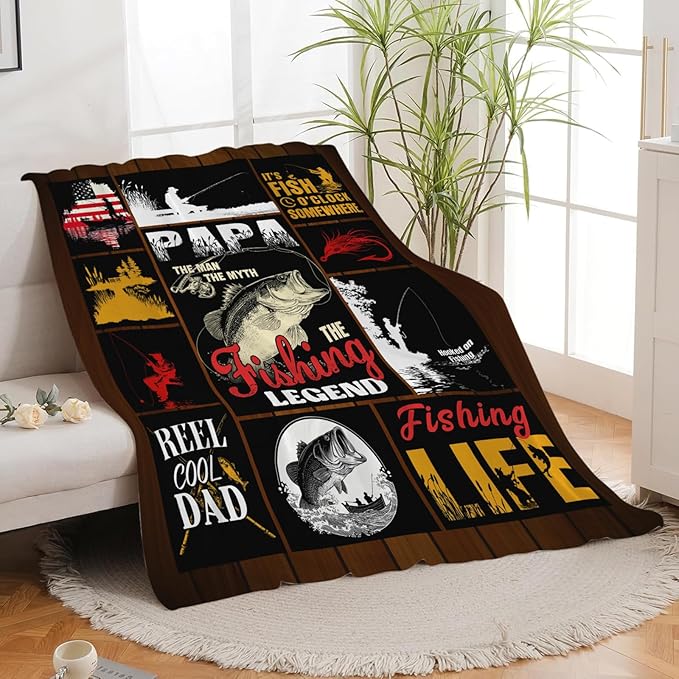 Fish Throw Blanket Fishing Stuff Gifts for Kids Girls Boys Adults Women Men Soft Cozy Warm Plush Fluffy Fuzzy Fleece Blanket Decor 60''X80''