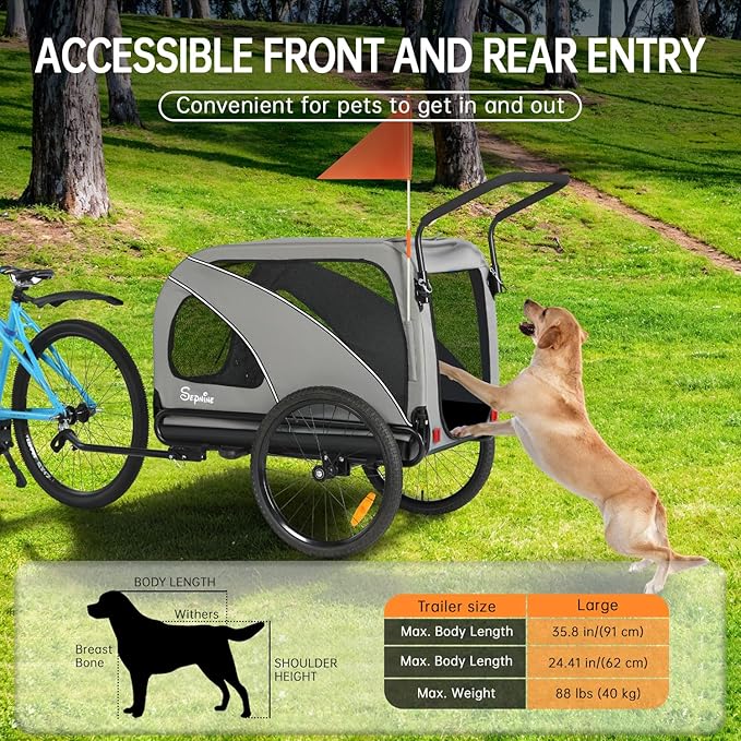 Sepnine Dog Bike Trailer, Supports up to 88 lbs, 2-in-1 Pet Stroller Cart Bicycle Carrier, Easy Folding Cart Frame with Quick Release Wheels, Universal Bicycle Coupler, Non-Slip Floor, Internal Leash