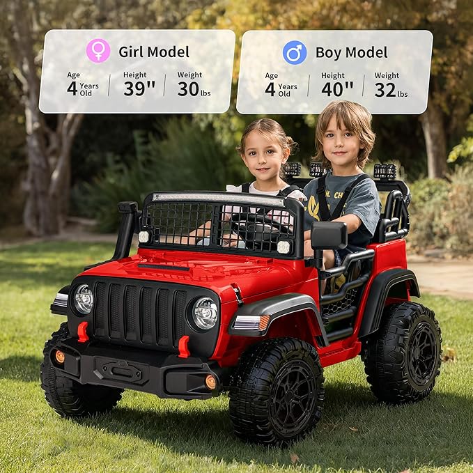 2 Seater Ride on Car Toy, 12V Electric Car for Kids 4-8 with Remote Control, Capacity 110 lb, LED Light - Red