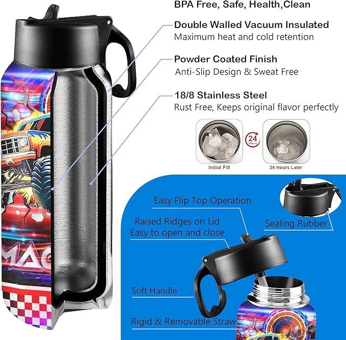 Personalized Dinosaur Water Bottles for Boys with Straw Lid Custom Sports Water Bottle for School Customized Name Stainless Steel Double Wall Insulated Cup Birthday Gifts for Kids Style17