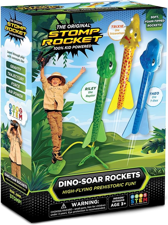 Stomp Rocket Dino-Soar Rocket Launcher for Kids - 3 Dinosaur-Themed Rockets - Fun Backyard & Outdoor Fun Toy Gift for Boys & Girls - STEM Soft Foam Blaster Set - Ages 3 & Up