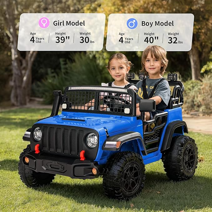 2 Seater Ride on Car Toy, 12V Electric Car for Kids 4-8 with Remote Control, Capacity 110 lb, LED Light - Blue