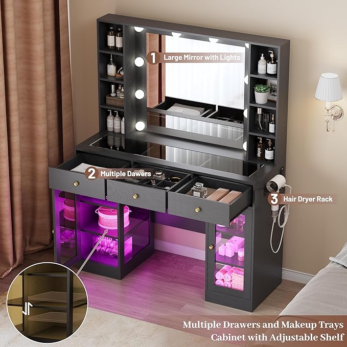 Makeup Vanity with Mirror and Lights, 43'' Wide Dressing Table with Storage Drawers, Open Shelves & Power Outlet, Vanity Desk with RGB Cabinet & Glass Top for Girls Bedroom, Living Room, Black