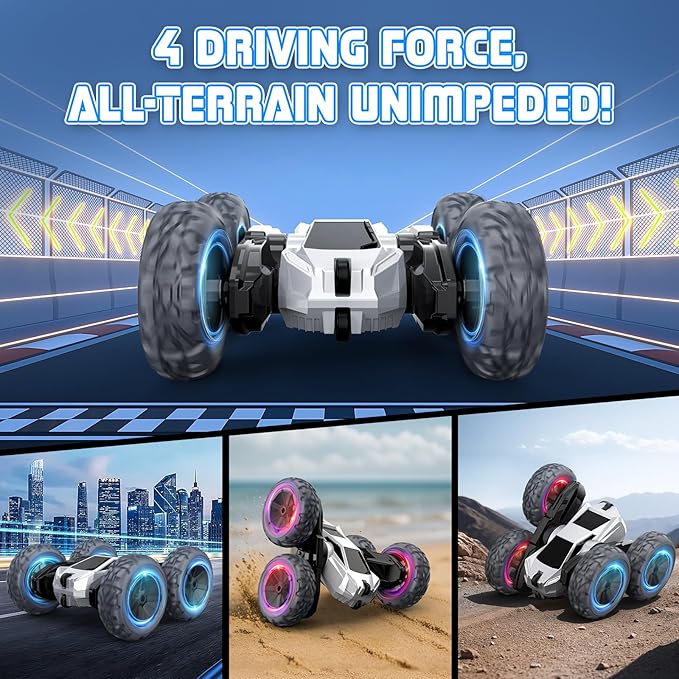 Remote Control Car for Boys, RC Monster Truck, USB Rechargeable 4WD RC Cars, 2.4Ghz Double Sided 360° Rotating Stunt Car, RC Cyber Toy Vehicle with LED Lights, Xmas/Birthday Gift for Kids Age 3+