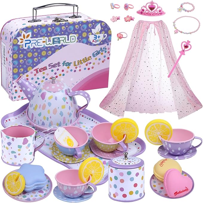 Tea Party Set for Little Girls,PRE-WORLD Princess Tea Time Toy with Food Sweet Treats Playsets,Dress Up Accessories Cloak Necklace Bracelet Jewelry Set, Kids Kitchen Pretend Play for Girls Age 3-6