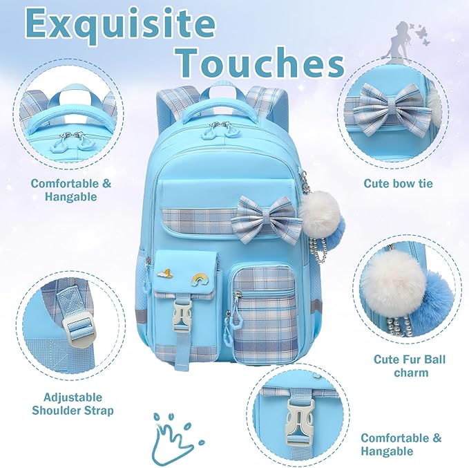 School Backpack for Girls Kids Bookbag for Elementary Middle School Casual Travel Daypack Teen Backpacks Blue