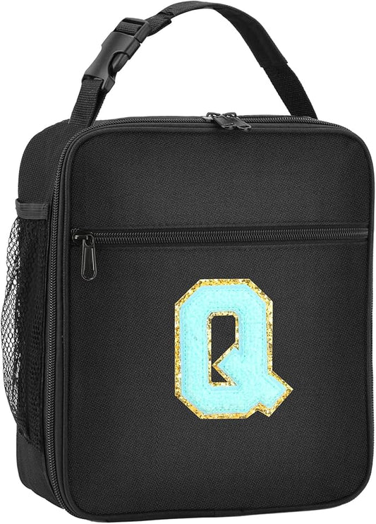 Initial Insulated Lunch Bag, Lunch Box with Initial Letter Patch for Teen Adult, Reusable Lunch Bag for Men Women, Ideal Back to School Gift Birthday Gift, Blue Q