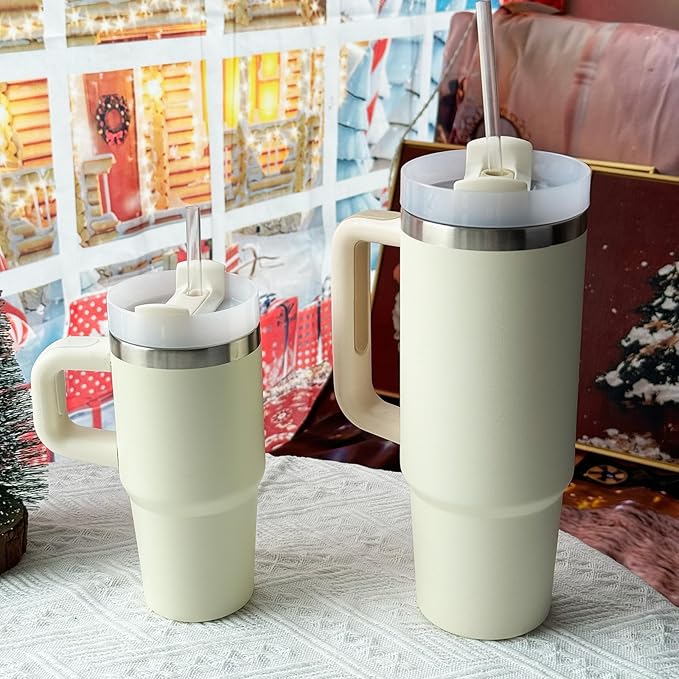 14 oz Tumbler with Lid and Straw Kids, Mini Tumbler for Kid with Handle Stainless Steel Tumblers, Outdoor Sports Travel School Gift, Keeps Drinks Cold up to 24 Hrs(Cream)