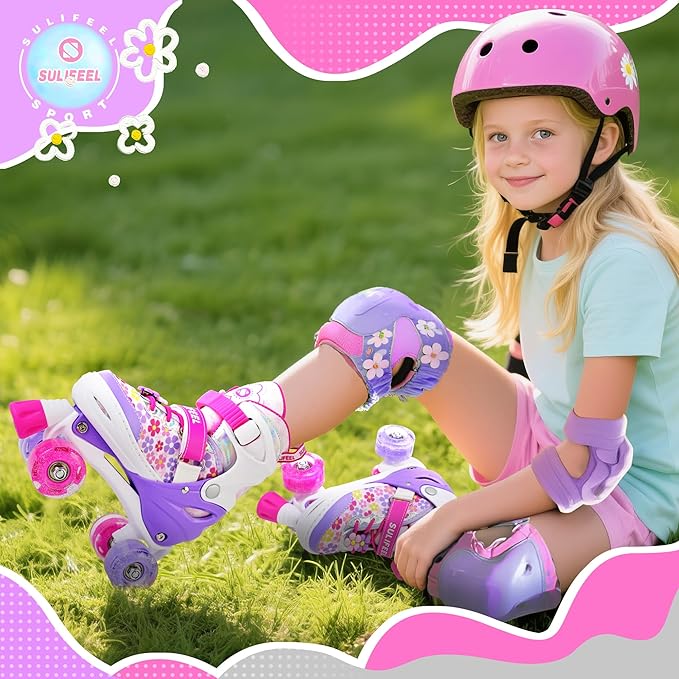 SULIFEEL Rainbow Unicorn 4 Size Adjustable Light up Roller Skates for Girls Boys for Kids