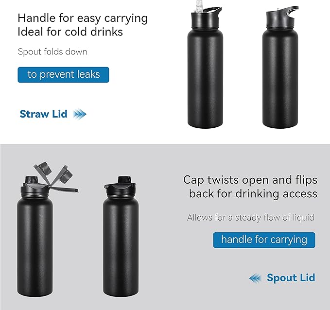 VEGOND 40 oz Insulated Water Bottle Bulk Stainless Steel Metal Water Bottles with Leak Proof Straw Lid & Spout Lid, Wide Mouth Double Walled Vacuum Travel Sports Bottle, 4 Pack