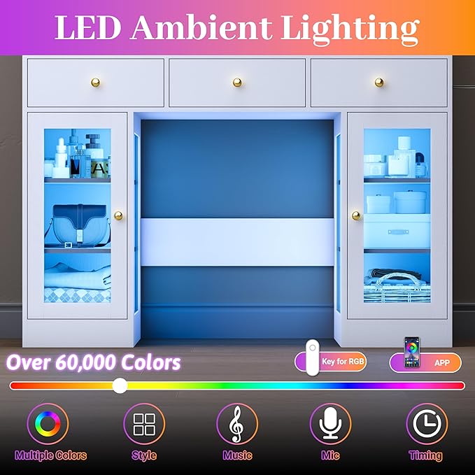 Makeup Vanity with Mirror and Lights, 43'' Wide Dressing Table with Storage Drawers, Open Shelves & Power Outlet, Vanity Desk with RGB Cabinet & Glass Top for Girls Bedroom, Living Room, White