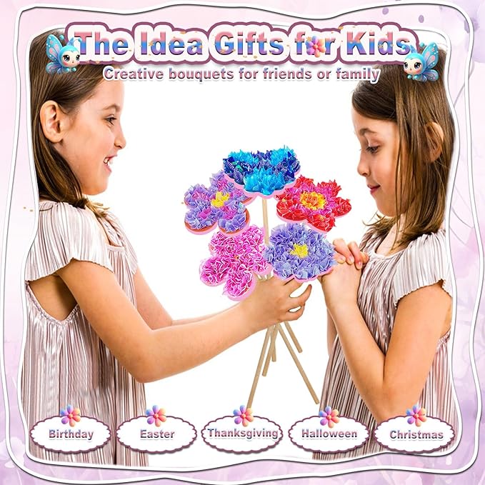 mom&myaboys Flower Bouquet Poke in Kit for Kids - Wooden DIY Craft Set Ages 4-9, No Glue Mess-Free Creative Activity, Fun Arts & Crafts Gift for Girls Boys, Preschool Classroom Birthday Party