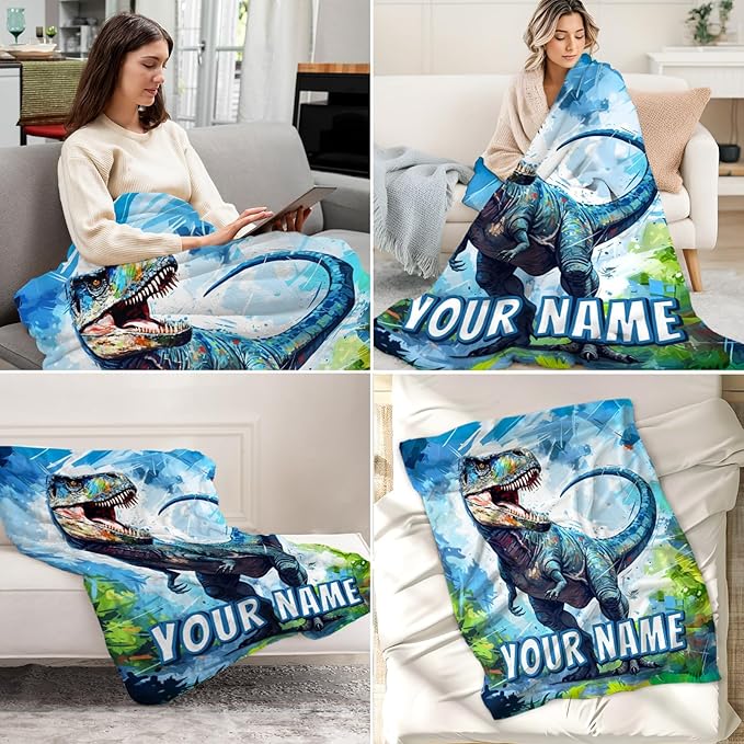 Kids Custom Dinosaur Blankets for Boys - Lightweight Dino Flannel Toddler Personalized Throws and Blanket for Home Crib