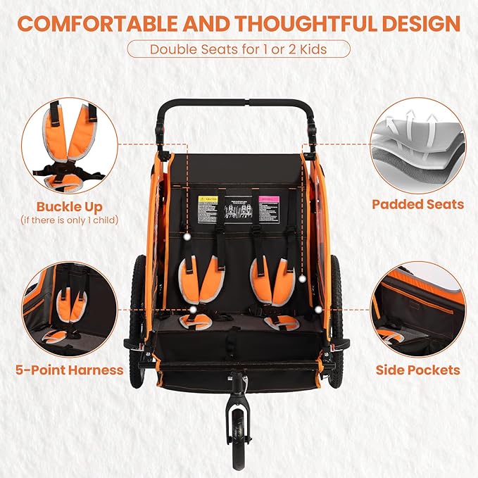 Sepnine Kids Bike Trailer, 2 in1 Canopy Carrier Converts to Pushcart Suitable for 1 to 2 Toddlers, Kids, Quick Attach to Bike, Foldable, with 5-Point Harness and Storage Bags