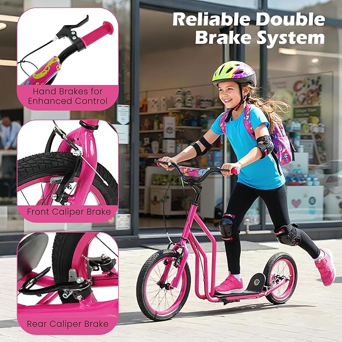 GYMAX Youth Scooter, Height Adjustable Kick Scooters with Extra Large Inflatable 16” Front & 14” Rear Wheels, Dual Hand Brakes & Kickstand, Heavy Duty Scooter for Teens Adults