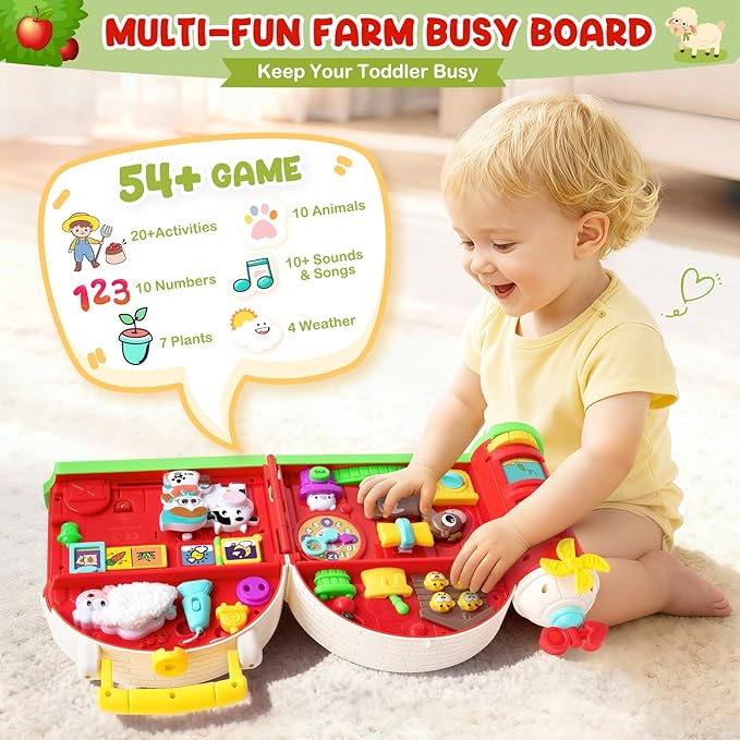 Montessori Farm Busy Board, Motor Skills Developmental Toys for 1 2 Year Old Boy Girl Gifts, Early Educational Toy for Toddlers 1-3, Christmas Birthday Gift for 12-18 Months, Sensory Board Toy for 1+