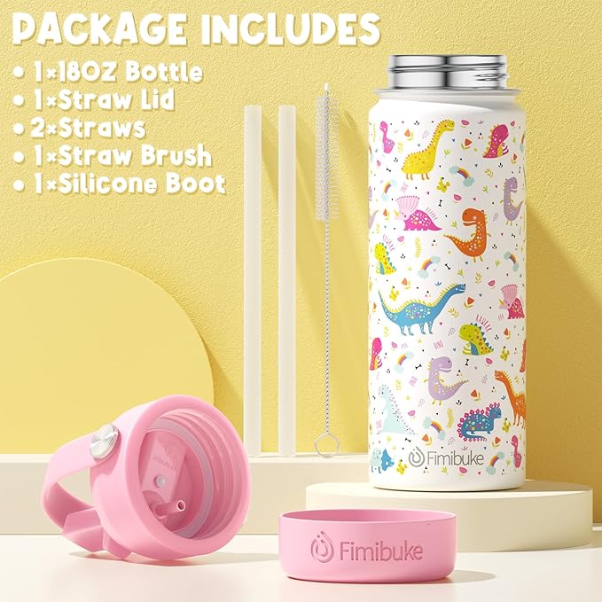 Fimibuke Kids Insulated Water Bottle, 18oz BPA FREE 18/8 Stainless Steel Kids Cup with Straw Travel Tumbler Double Wall Vacuum Leak Proof Toddler Water Bottle for School Boys Girls(1 Pack, Trucks)