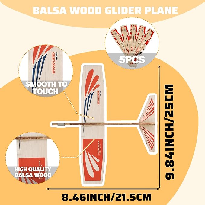 5-Pack Balsa Wood Airplane Glider Kits for Kids - Model Toy Airplane Set | Perfect for Outdoor Flying in Yards, Parks & Open Spaces
