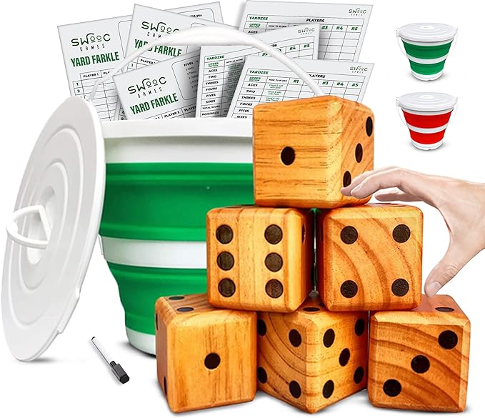 SWOOC Yardzee, Farkle & 20+ Games - Light-Weight Yard Dice Game Set (All Weather) with Collapsible Bucket, 5 Big Laminated Score Cards, and Marker (Choose 2.5in or 3.5in Dice) Yard Games