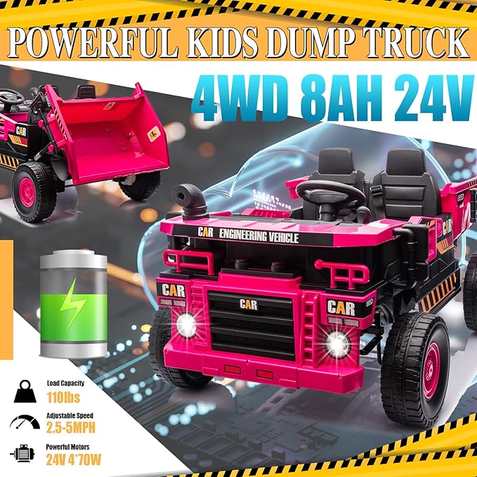 24V 4WD 2-Seater XL Kids Ride on Truck Electric Toy Car with Electric Dump Bed, Parents Remote Control Kids Car Tractor Toys Ride-on Dump Truck for Boys and Girls Ages 3+, Pink