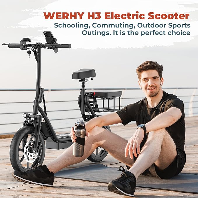 WERHY Electric Scooter, 500W Motor, 14'' Tires, Top Speed 22 mph, Max 27/49 Miles Ranges, Foldable E-Scooter with Suspension, Digital Display, Cruise Control,Rear Seat Box/Basket
