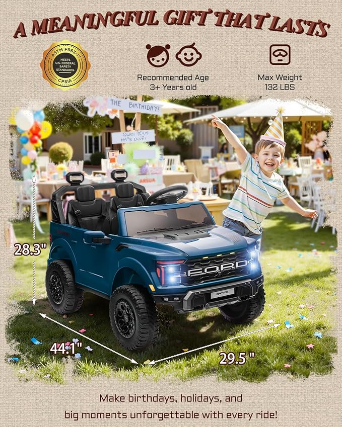 First Ride On Licensed Ford F-150 Raptor 2 Seater Ride on Car for Kids, 24 Volt Ride on Toys for Boys w/Remote Control, Kids Electric Car w/LED Lights, Bluetooth, Truck Bed Storage, Soft Start (Blue)