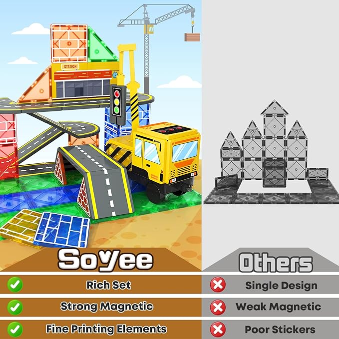 Soyee Magnetic Tiles Magnetic Construction Toys with 2 Cranes Boys Toys for Ages 3-5 5-7 Magnet Building Blocks Chritmas Gifts Boys Sensory Autism Montessori Toys Gift for 3+ Year Old