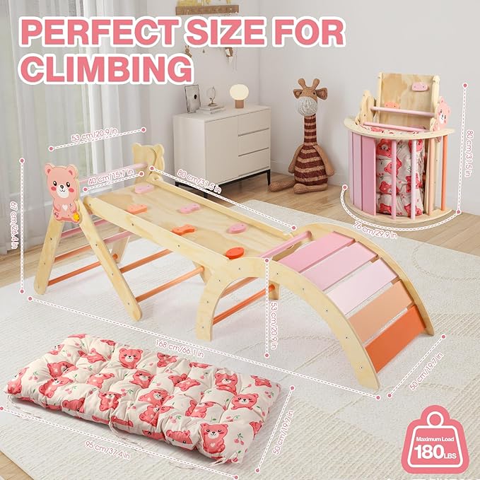 Pikler Triangle Set with Cushion, 7 in 1 Climbing Toys for Toddlers Inside, Montessori Foldable Climbing Set, Wooden Climbing Toys Indoor with Arch, Ramp and Ladder(Bear)