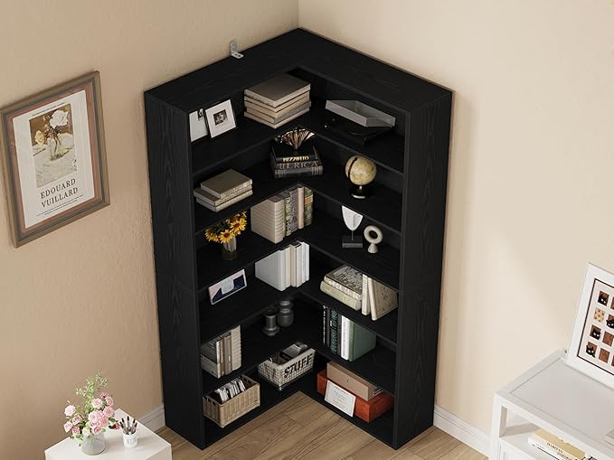 ANCTOR Corner Bookshelf, 6 Tiers Corner Bookcases with Baffles Etagere Shelf Storage Rack for Living Room Home Office, Black