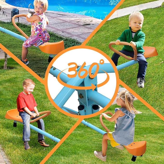 4-Seat Spinning Seesaw for Kids Outdoor - Heavy Duty Stainless Steel Teeter Totter, Backyard Playground Equipment Ages 3-8, Multi-Color Swivel Base (72"x72")