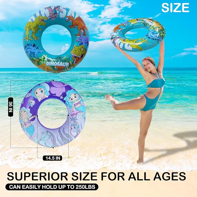 2 Pack Inner Tubes for Floating, Pool Floats Adult, Big Floaties for Kids and Teens, Pool Tubes Heavy Duty, Dinosaur and Mermaid Round Pool Floats, Beach Swim Ring and Summer Pool Party Toys