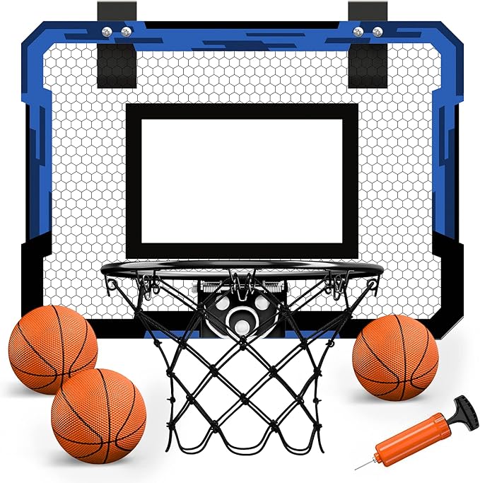 QDRAGON Mini Basketball Hoop, Over The Door Indoor, with 3 Balls/Inflator/Breakaway Rim, Basketball Toy Gifts for Kids and Adults, Suit for Bedroom/Office/Outdoor, Blue