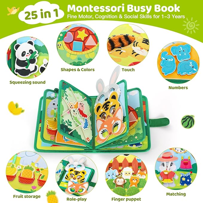25 in 1 Busy Book for Toddlers 1-3 - Zoo Montessori Toy Toddlers Busy Board for 1 Year Old, Educational Sensory Quiet Toy, Airplane Car Travel Essentials Christmas Birthday Gift for Boy Girl
