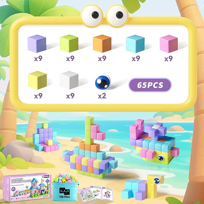 65PCS Magnetic Blocks with Magnet Eyes Toy, Magnetic Building Blocks with Storage Bag for Kids Gifts, STEM Preschool Sensory Magnetic Cubes for Toodlers Boys Girls Ages 3 4 5 6 7 8, Macaron Color