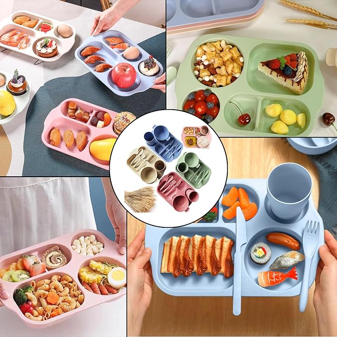 25 Pcs Wheat Straw Dinnerware Sets BPA Free Lightweight Bowl Reusable Dinner Plates Microwave Dishwasher Safe Cup Portable Spoon Knife Fork Dinnerware for Kids Aldult Home School Office Picnic Travel