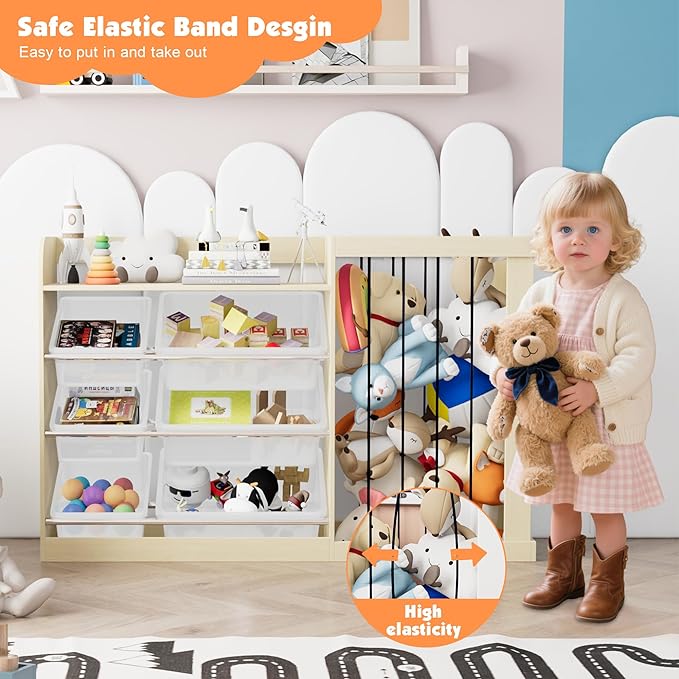Naches Kids Toy Organizer and 4-Tier Montessori Bookshelf with 6 Bins, 3-in-1 Toy Shelves and Stuffed Animal Storage for Playroom, Nursery, Baby Room (Burlywood)