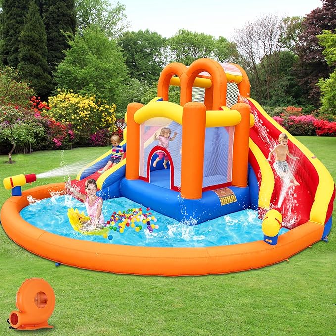 14.2x12.8FT Inflatable Water Park, Giant Slide Bounce House With 2 Long Slides, Thrilling Climbs, Trampoline and Big Splash Pool - 650W Air Blower Included