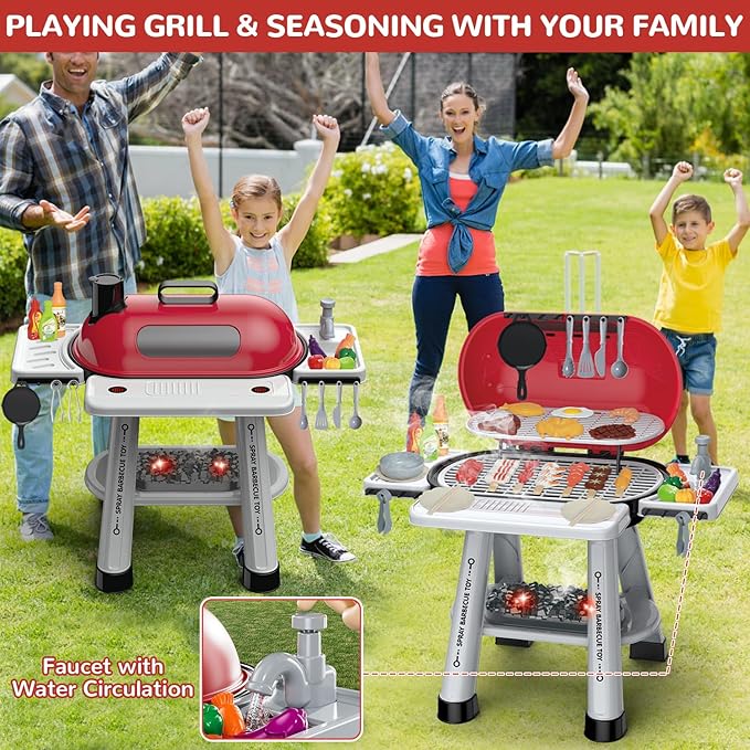 Kids Play Grill Kitchen Toys: BBQ Outdoor Toys Play Grill Set with Smoke Sound Light, Pretend Play Food Toy Cooking Set Kids Outdoor Grill Playset, 2 Layer Barbecue Gifts for 4-8 Boys Girls