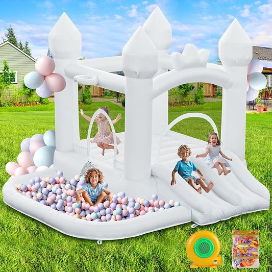 White Bounce House, Inflatable Bounce Castle with Double Slide Ball Pit 370W Blower Bouncer for Toddler, Bounce House Bouncy Castle for Indoor Outdoor Backyard Wedding Kids Birthday Party